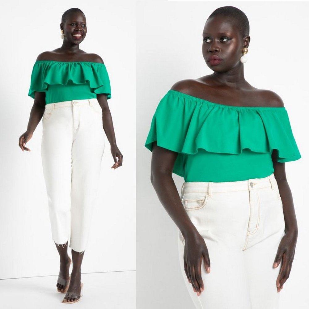 💚 NEW Eloquii Green Off the Shoulder Ruffle Top 22